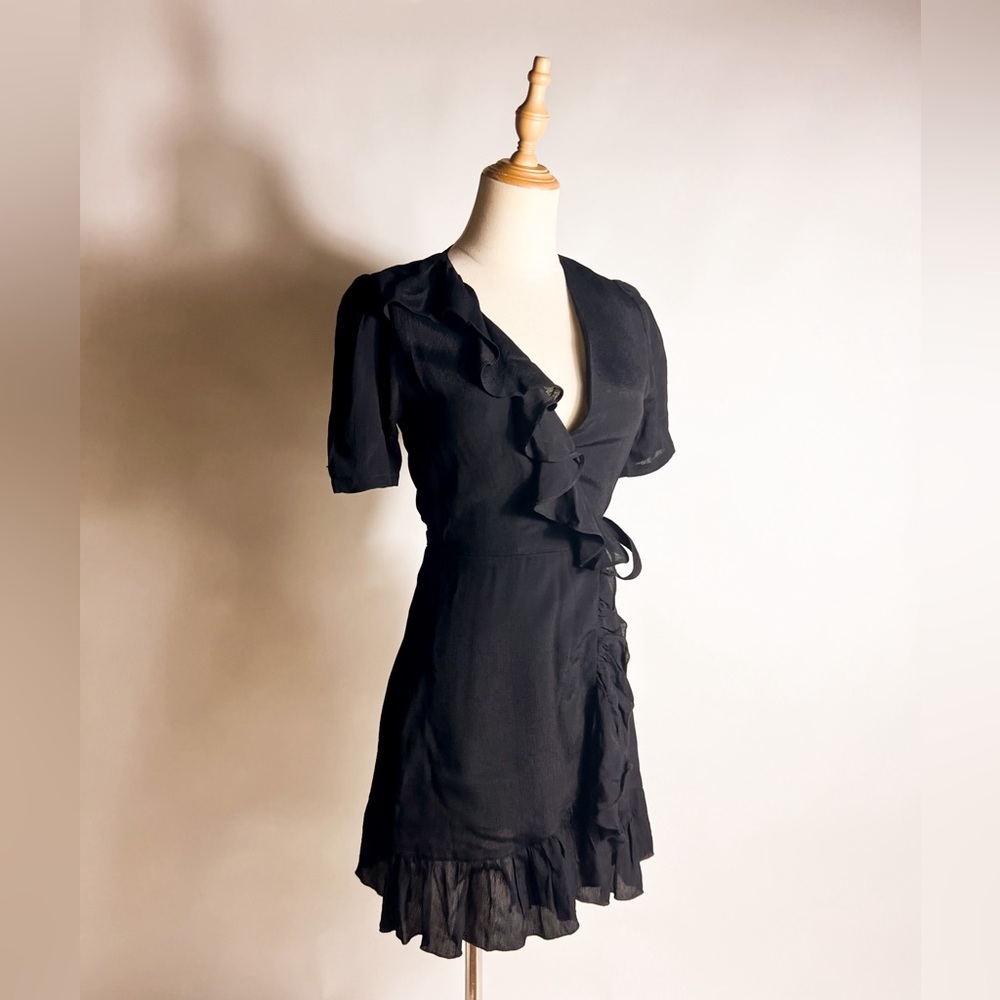 PRIVACY PLEASE Revolve Short Sleeve Ruffle Black Wrap Dress XS